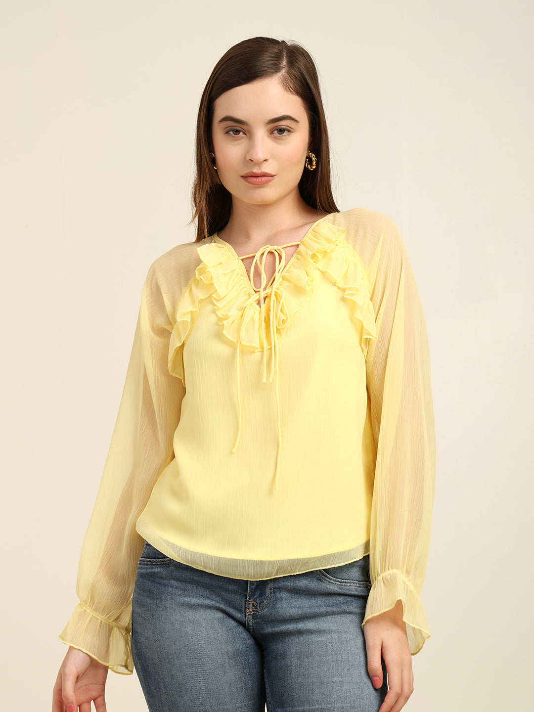 Women's Full-Sleeve Yellow Chiffon Top