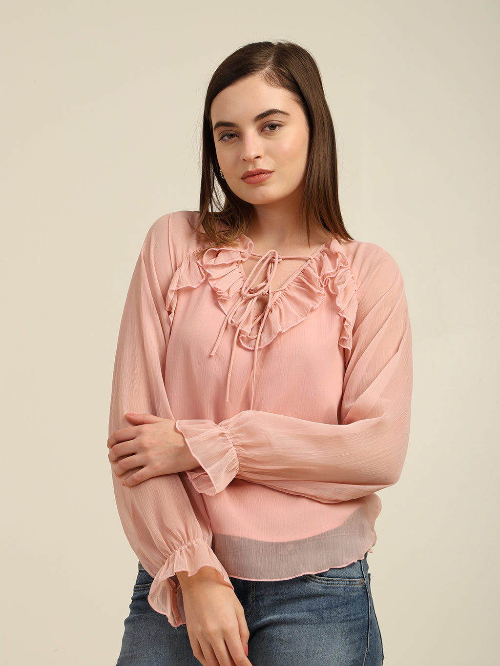 Women's Full-Sleeve Polka Dot Chiffon Top