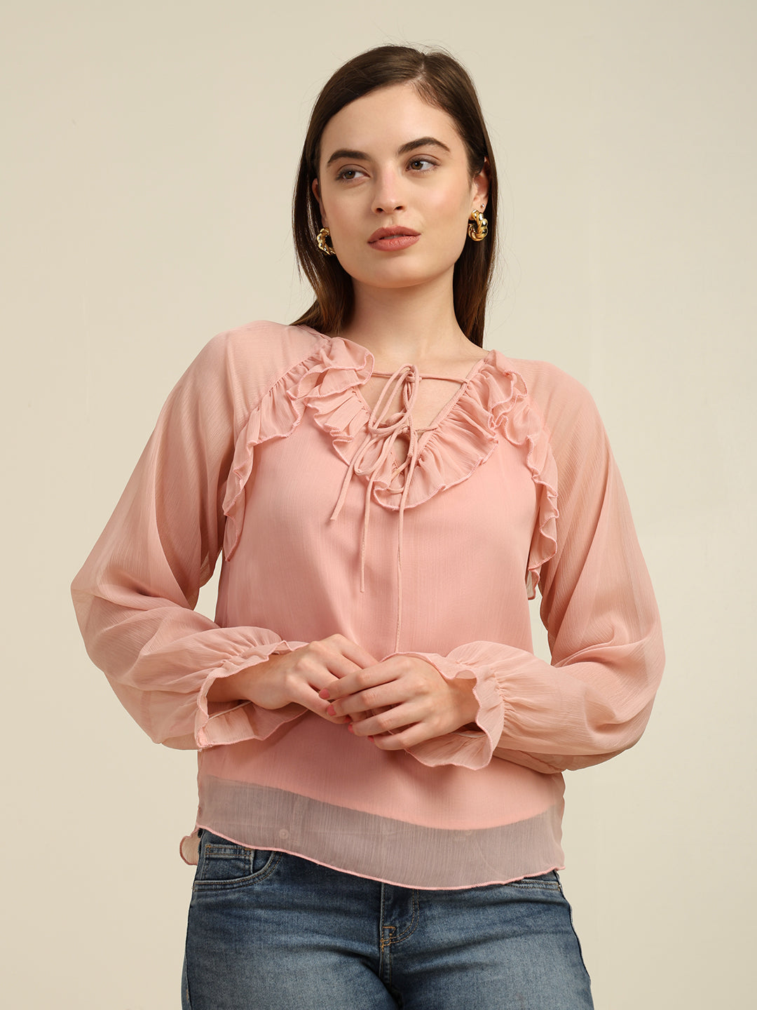 Women's Full-Sleeve Polka Dot Chiffon Top