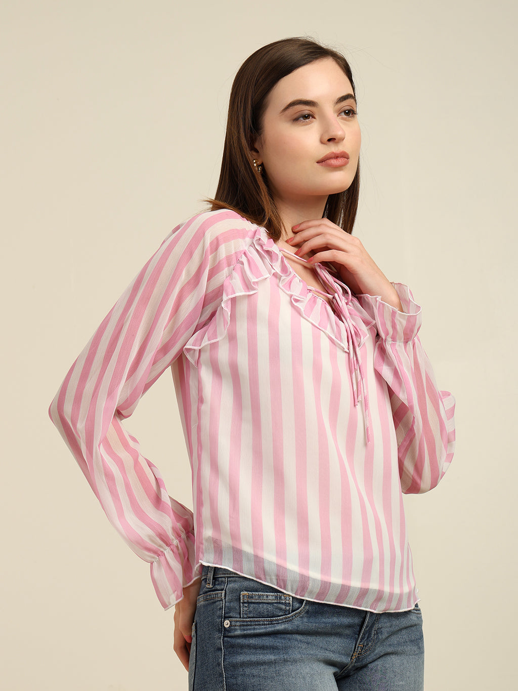 Women's Full-Sleeve Pink Chiffon Top