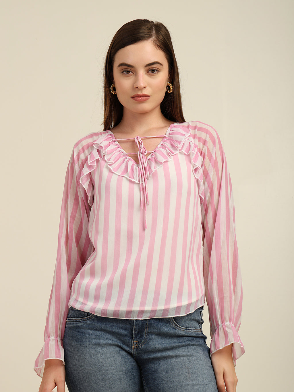 Women's Full-Sleeve Pink Chiffon Top