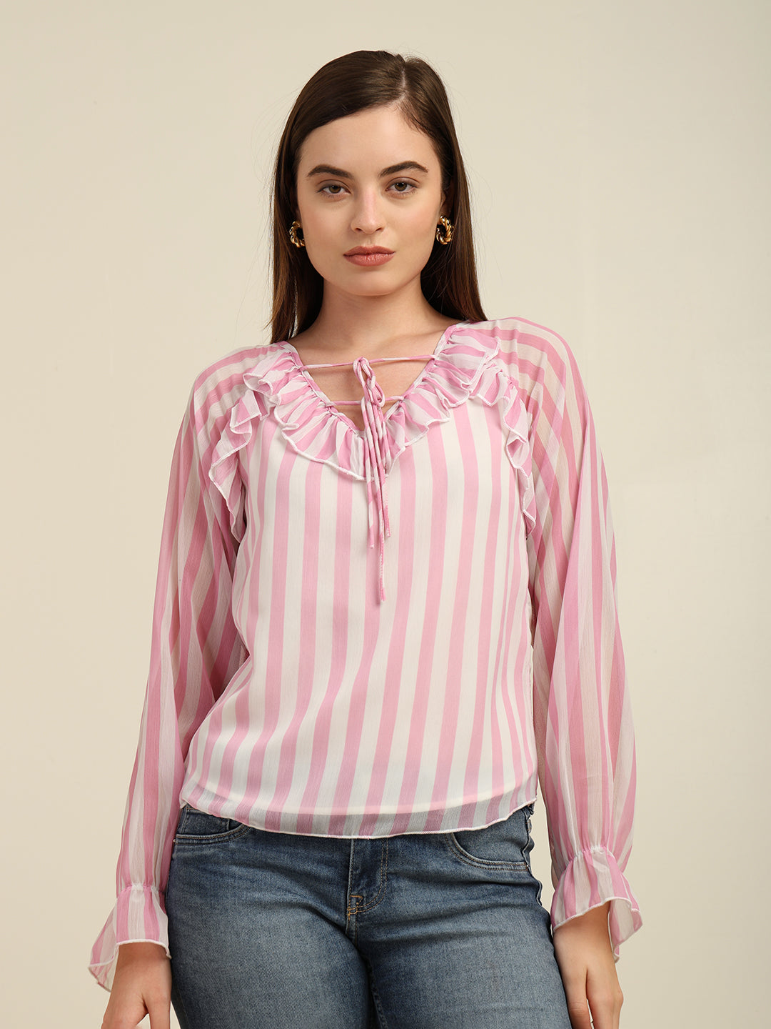 Women's Full-Sleeve Pink Chiffon Top