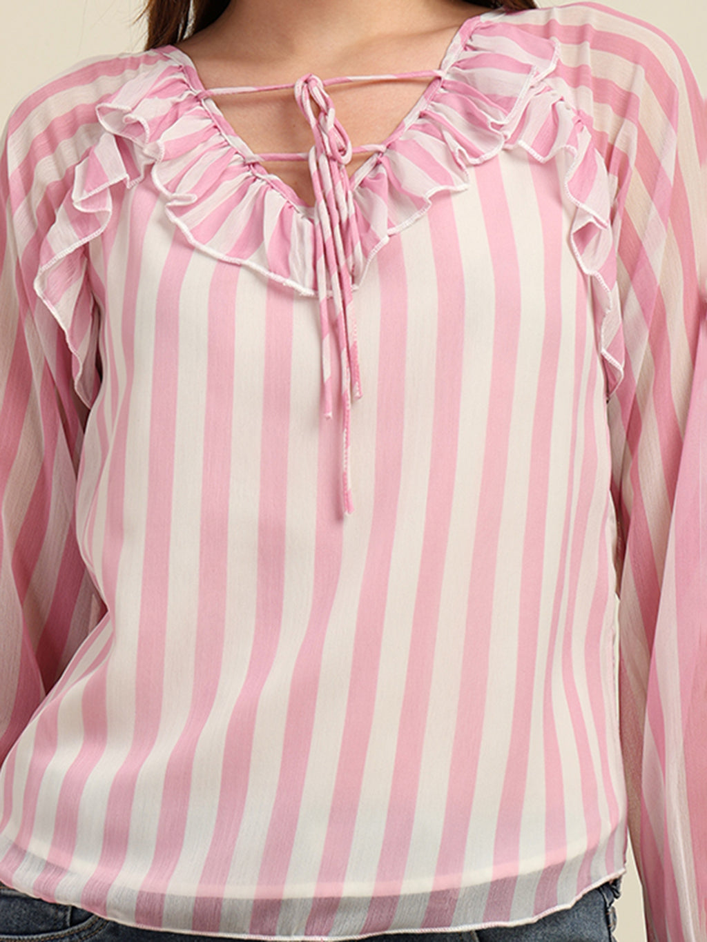 Women's Full-Sleeve Pink Chiffon Top