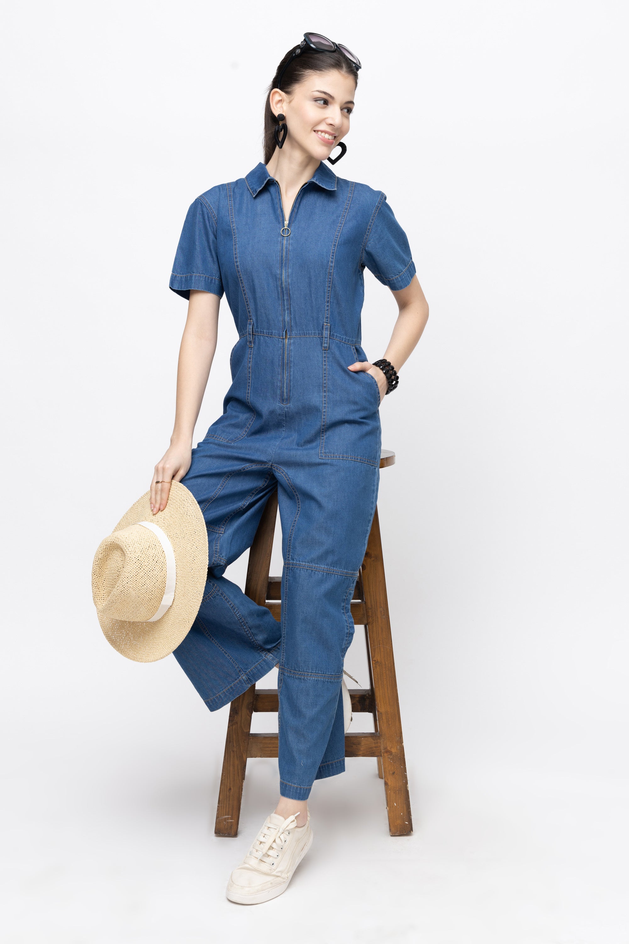 Women's Denim Cargo Utility Jumpsuit with Front Zipper