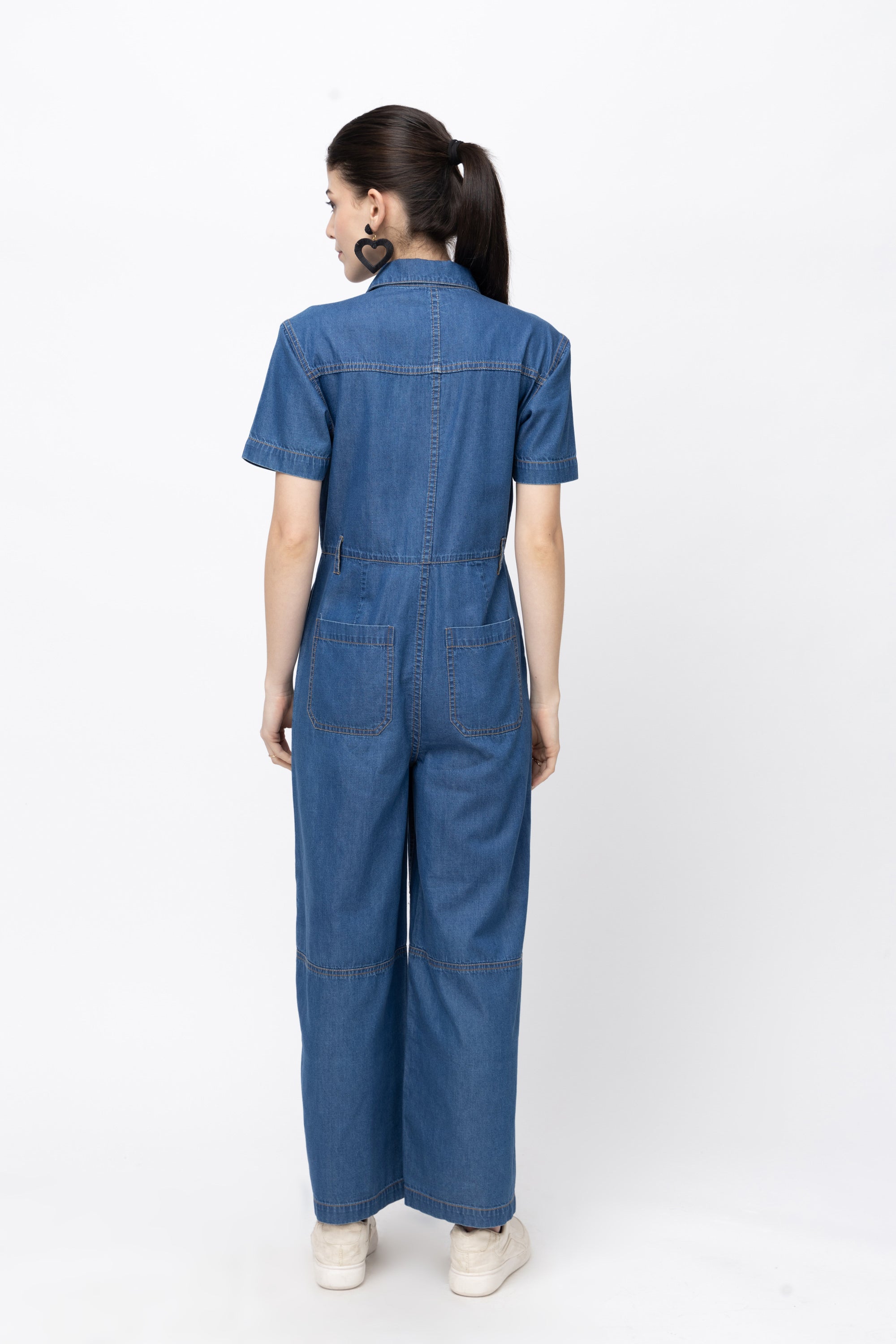 Women's Denim Cargo Utility Jumpsuit with Front Zipper