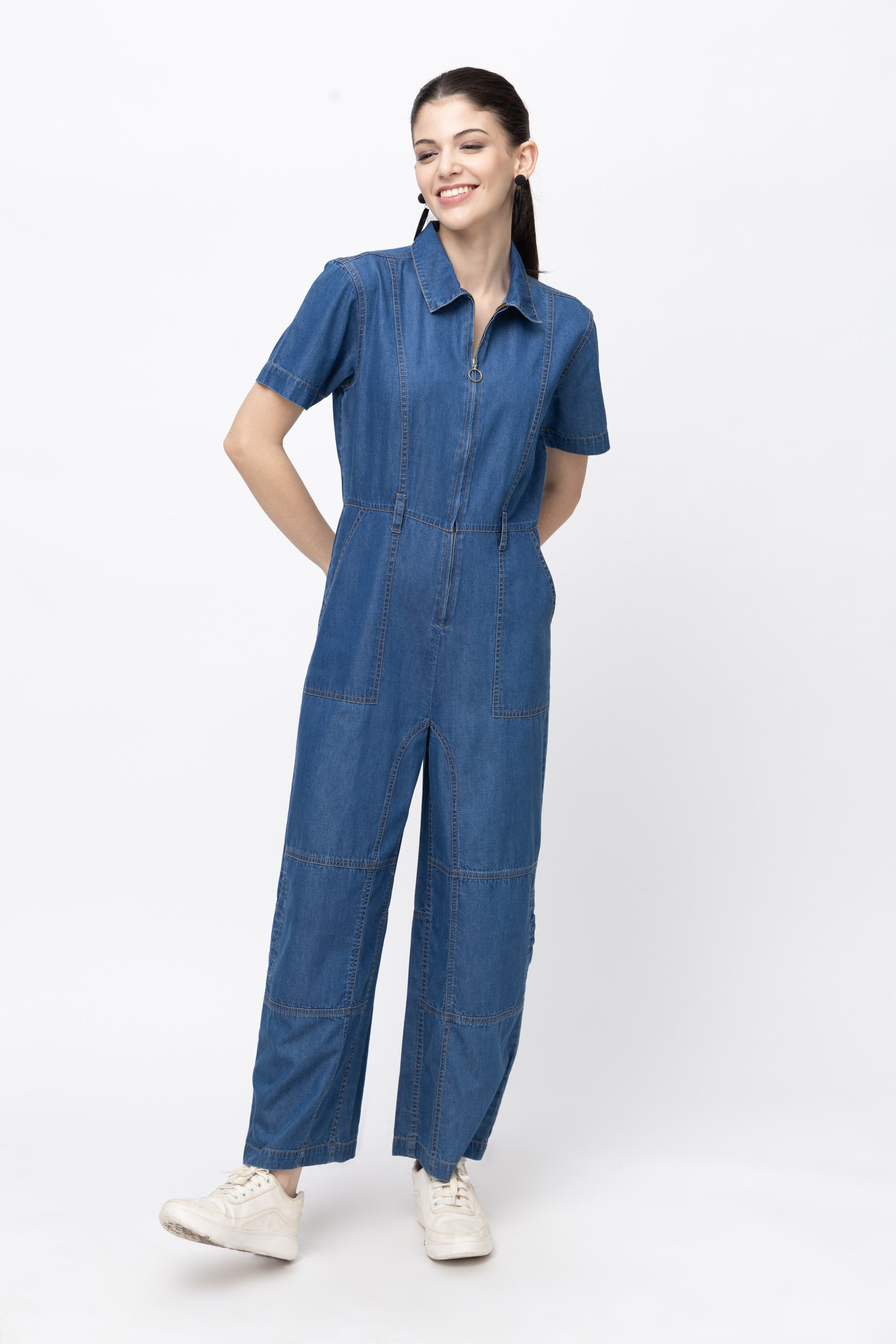 Women's Denim Cargo Utility Jumpsuit with Front Zipper