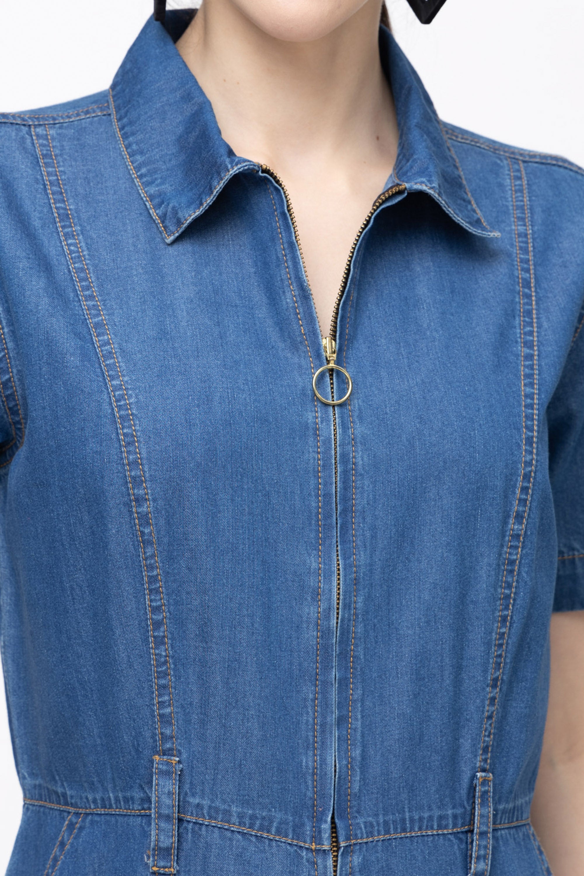 Women's Denim Cargo Utility Jumpsuit with Front Zipper