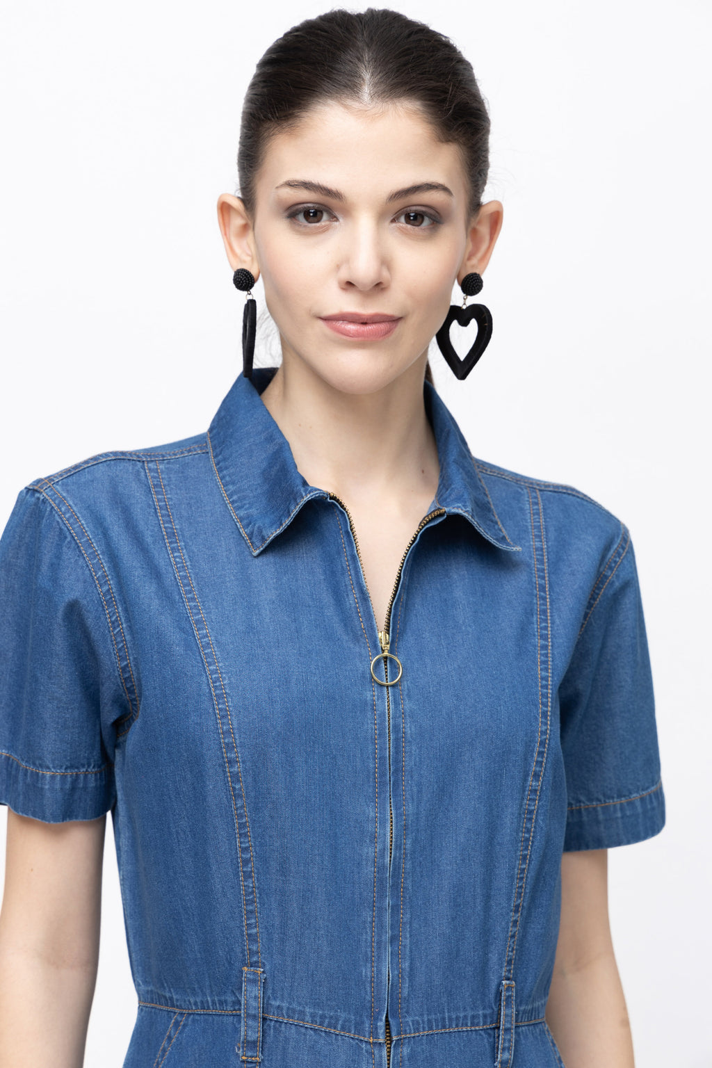 Women's Denim Cargo Utility Jumpsuit with Front Zipper