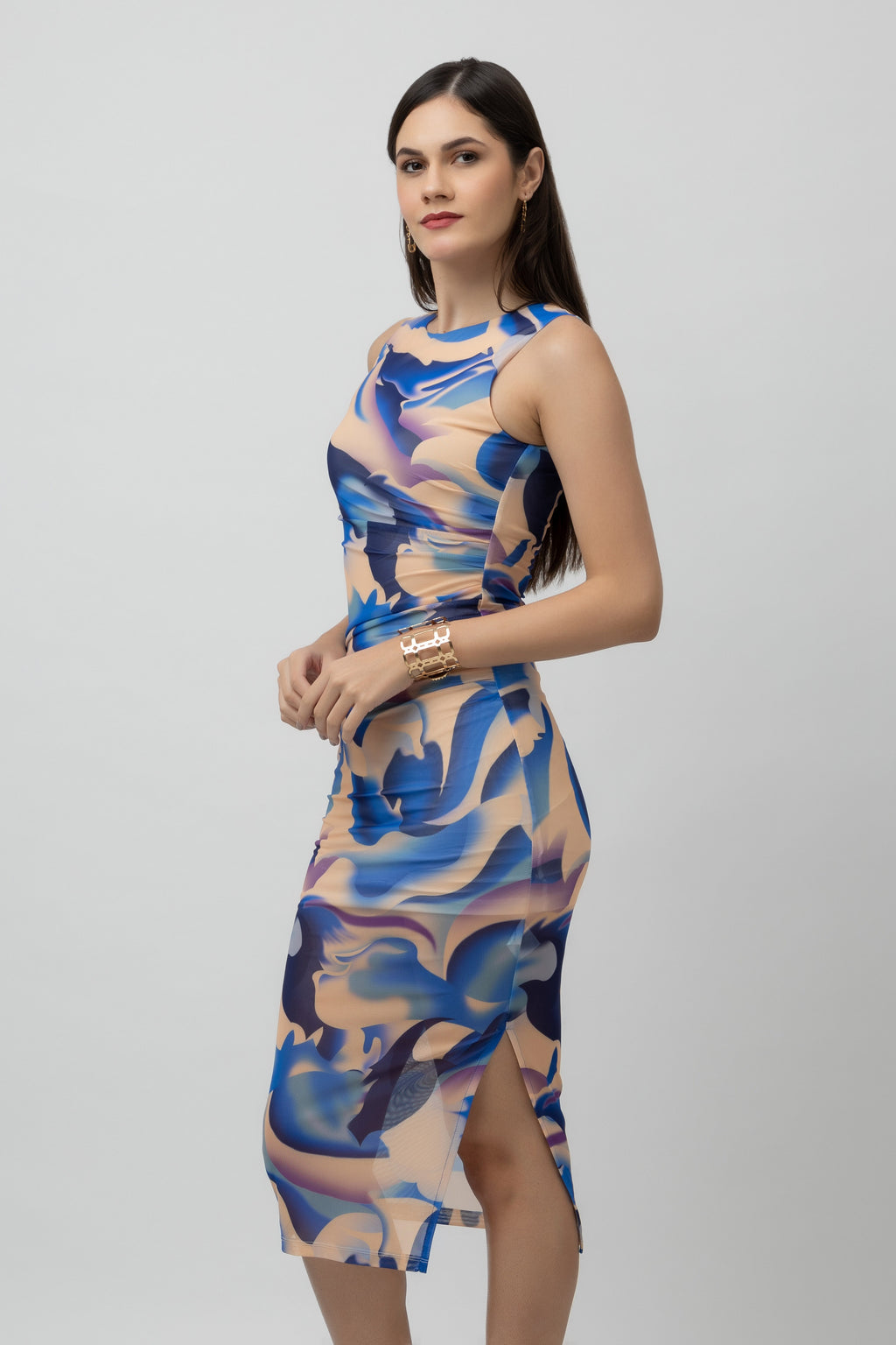 Women's Printed Bodycon Mesh Maxi Dress