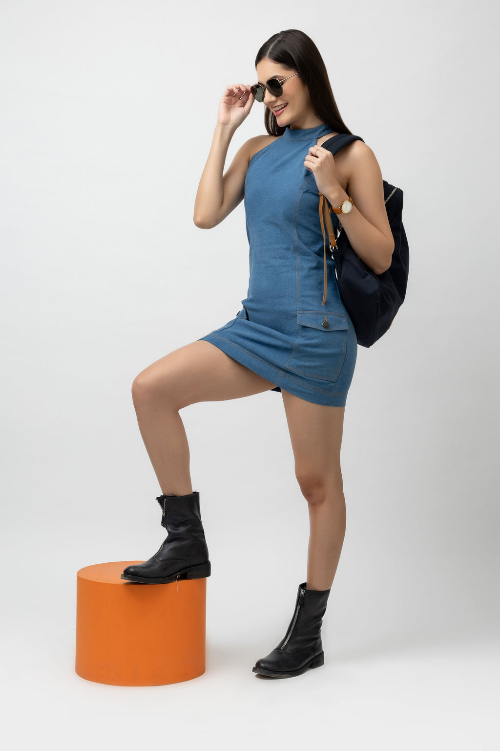 Women's Mini Denim Halter Neck Bodycon Dress