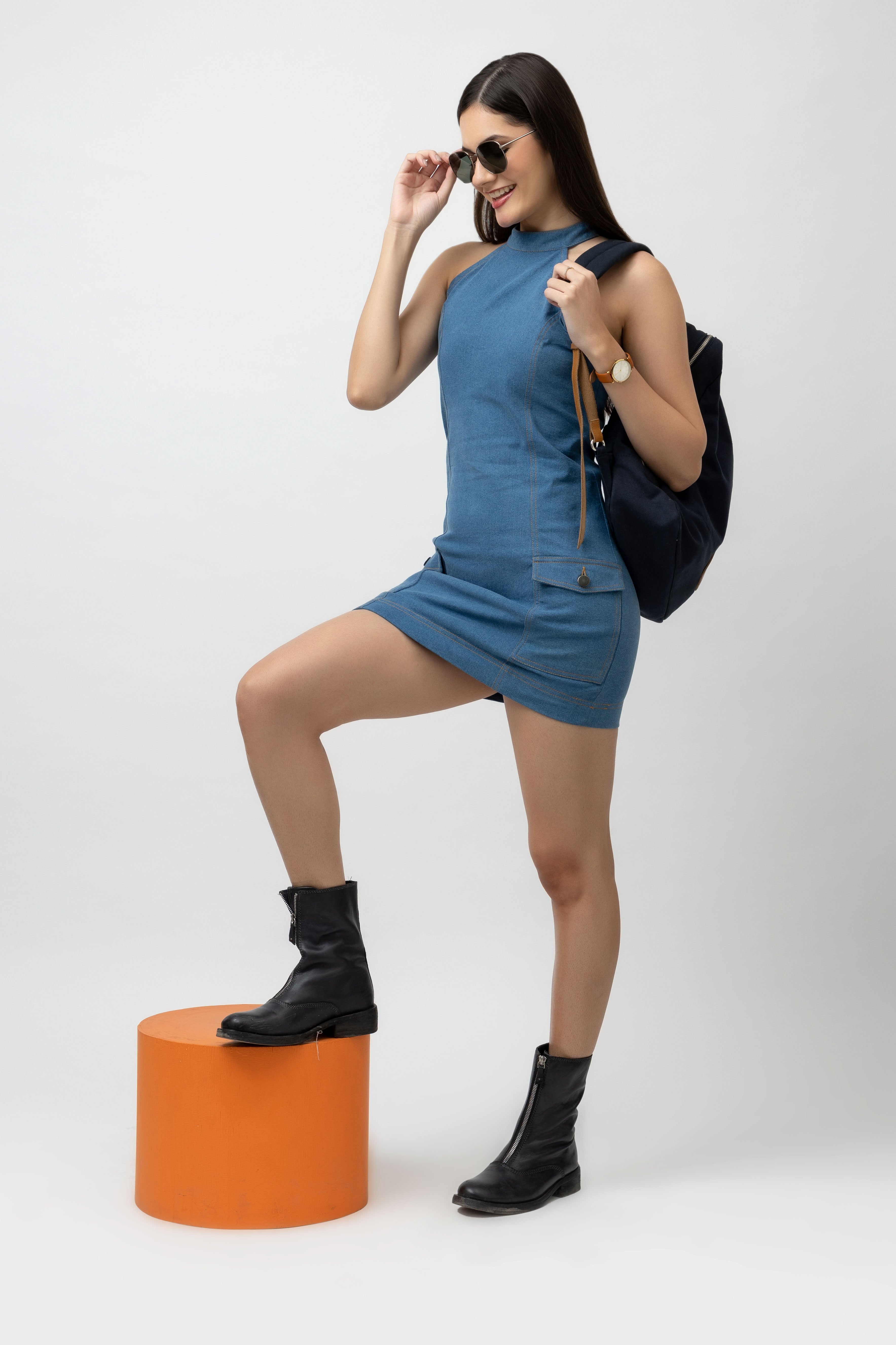 Women's Mini Denim Halter Neck Bodycon Dress with Back Zipper Opening