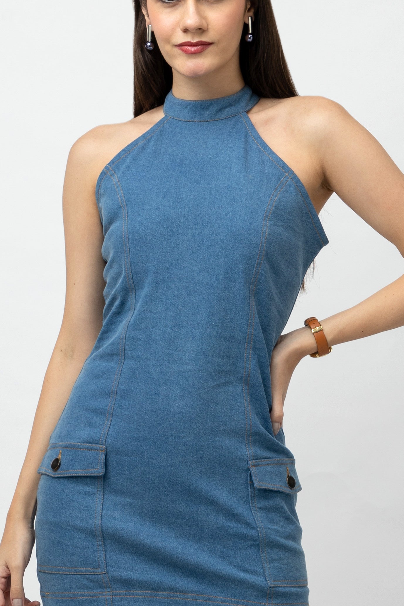Women's Mini Denim Halter Neck Bodycon Dress with Back Zipper Opening