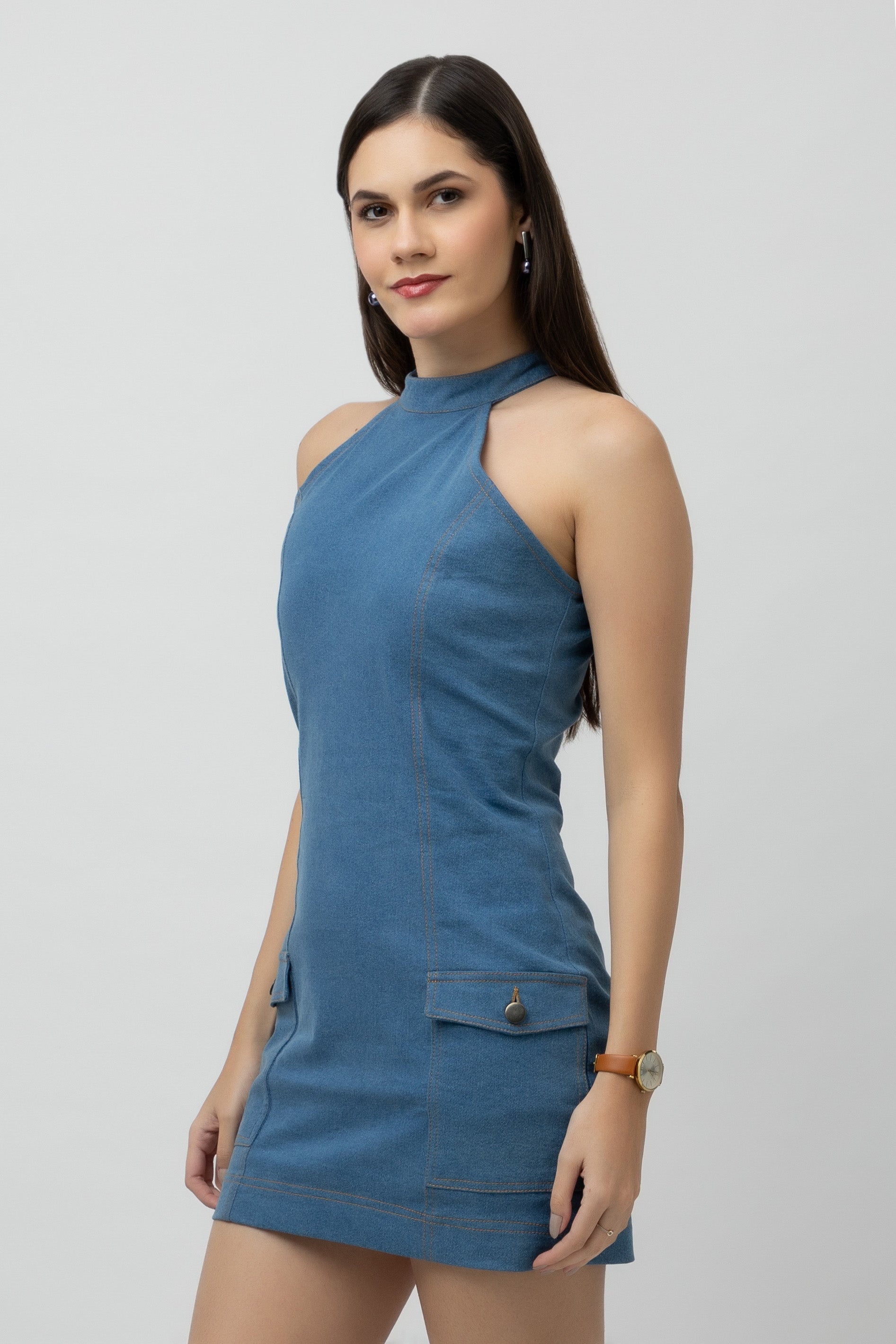 Women's Mini Denim Halter Neck Bodycon Dress with Back Zipper Opening