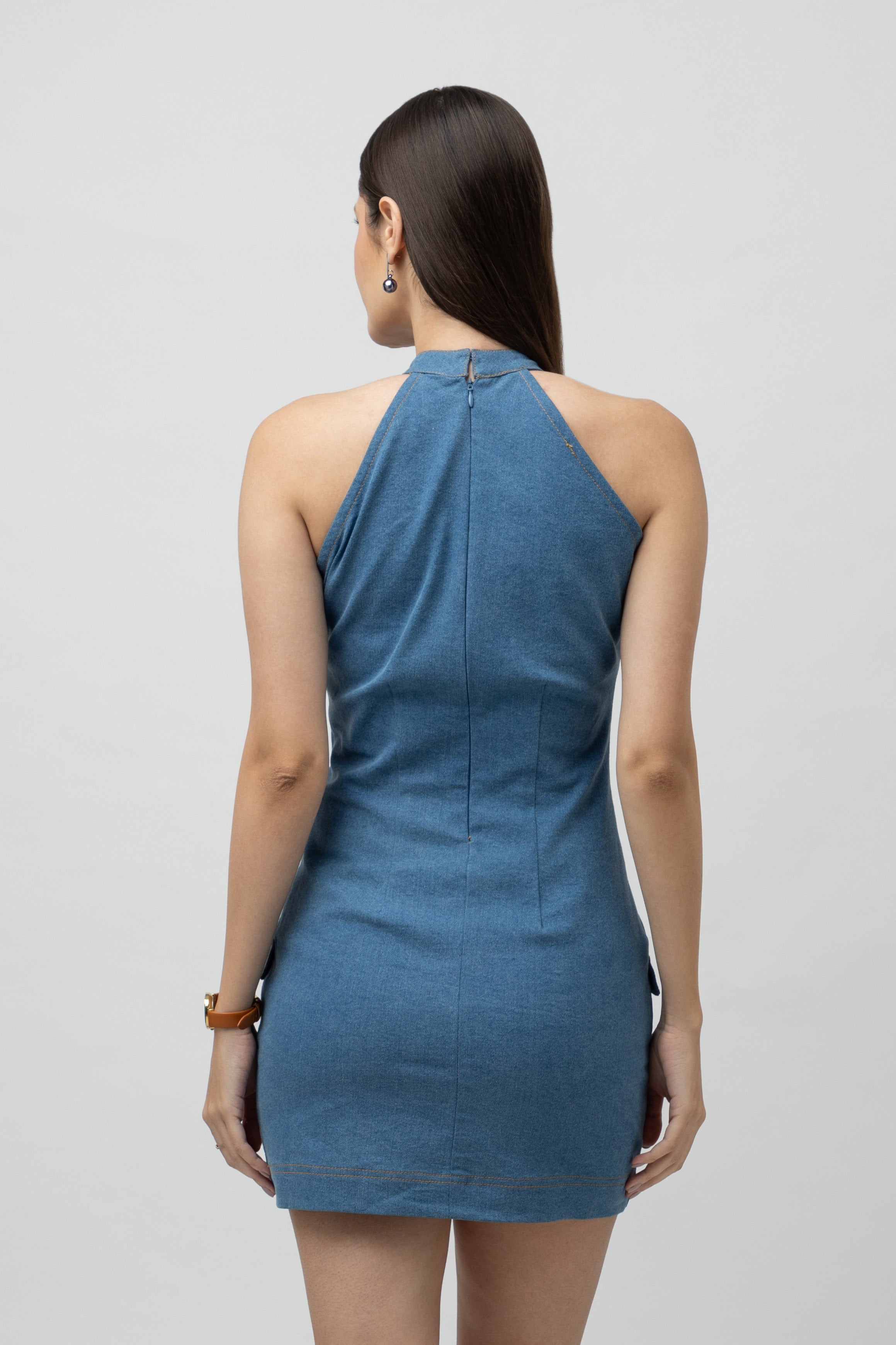 Women's Mini Denim Halter Neck Bodycon Dress