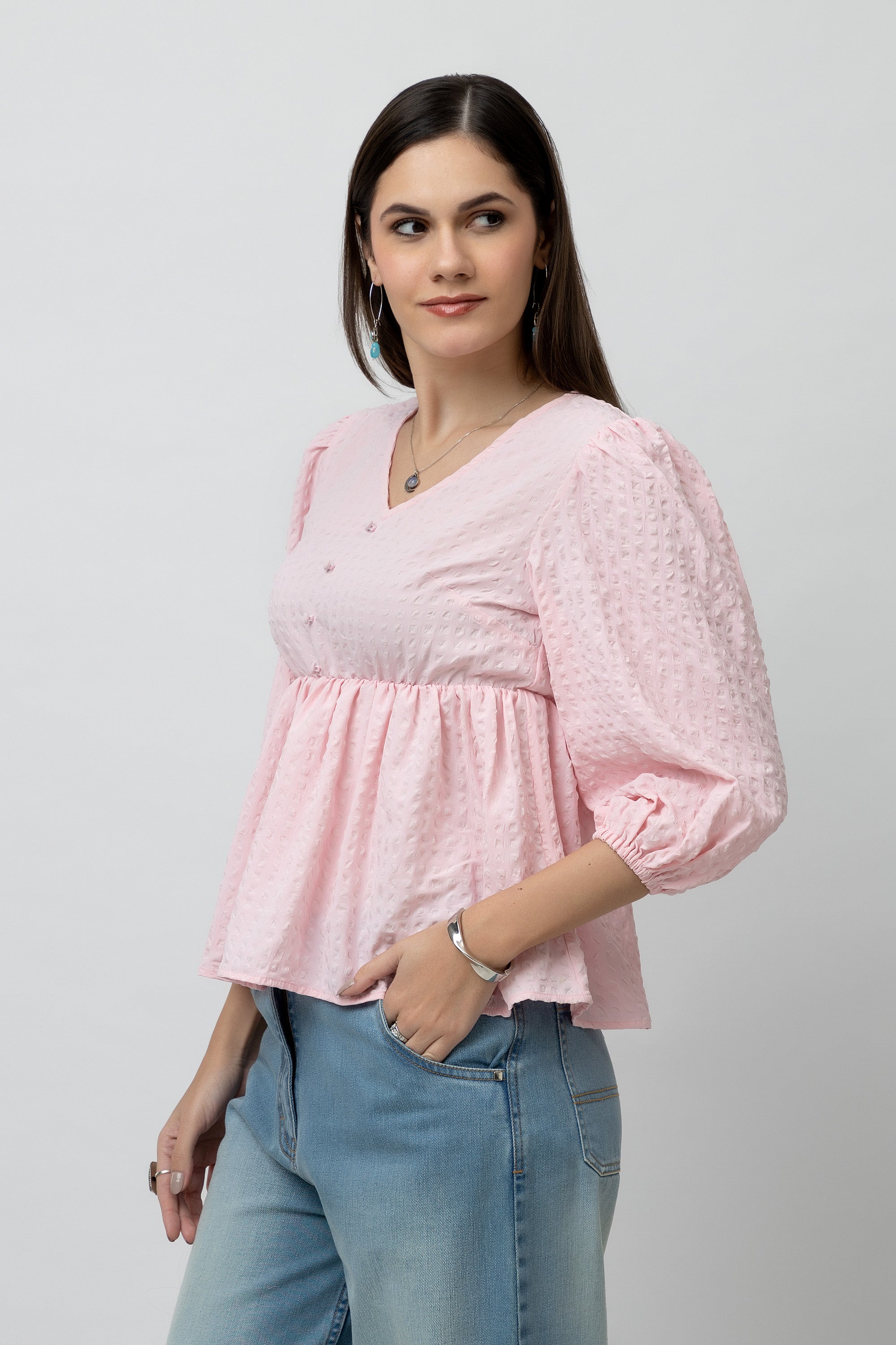 Women's V Neckline Textured Peplum Top