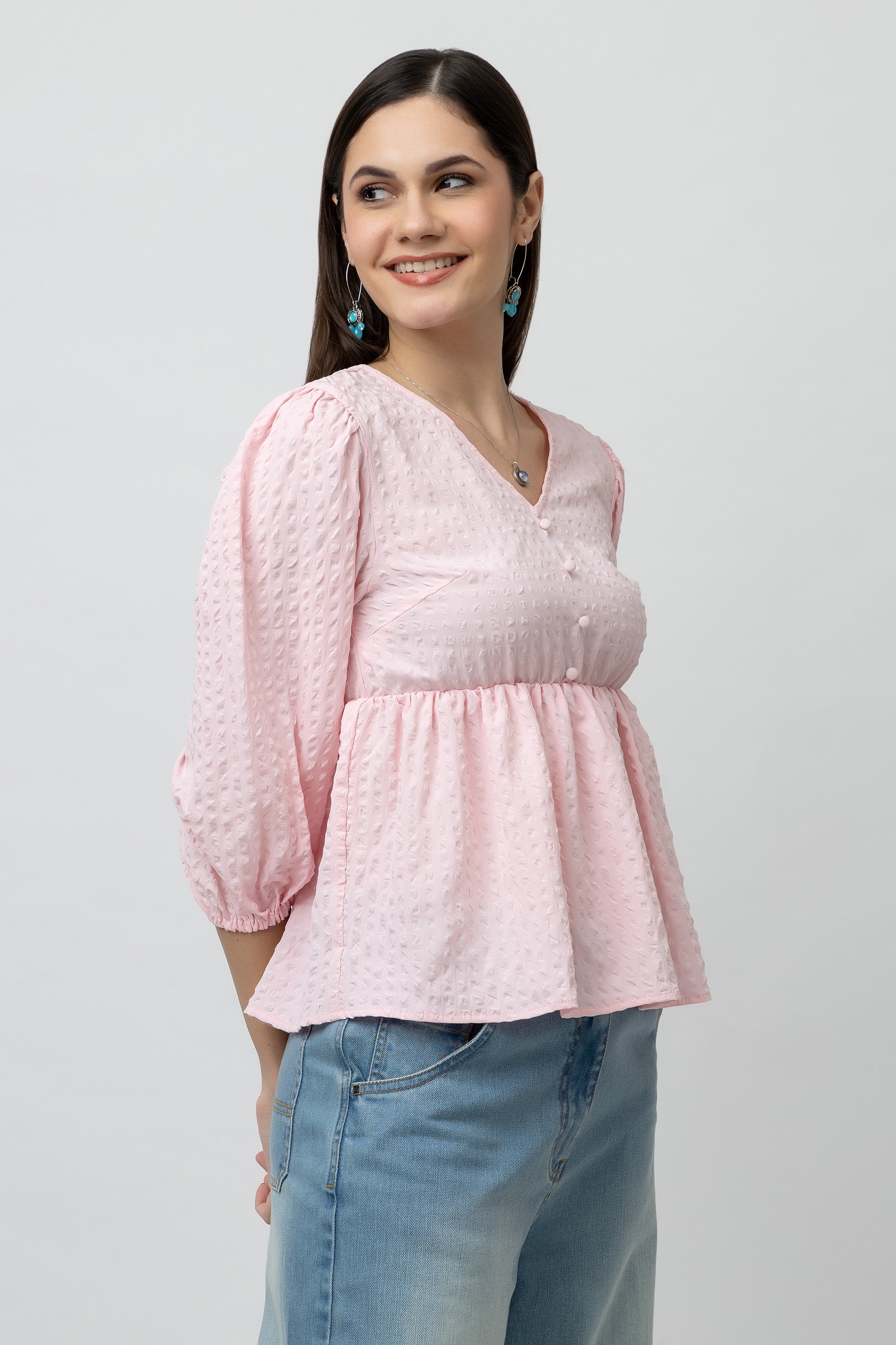 Women's V Neckline Textured Peplum Top