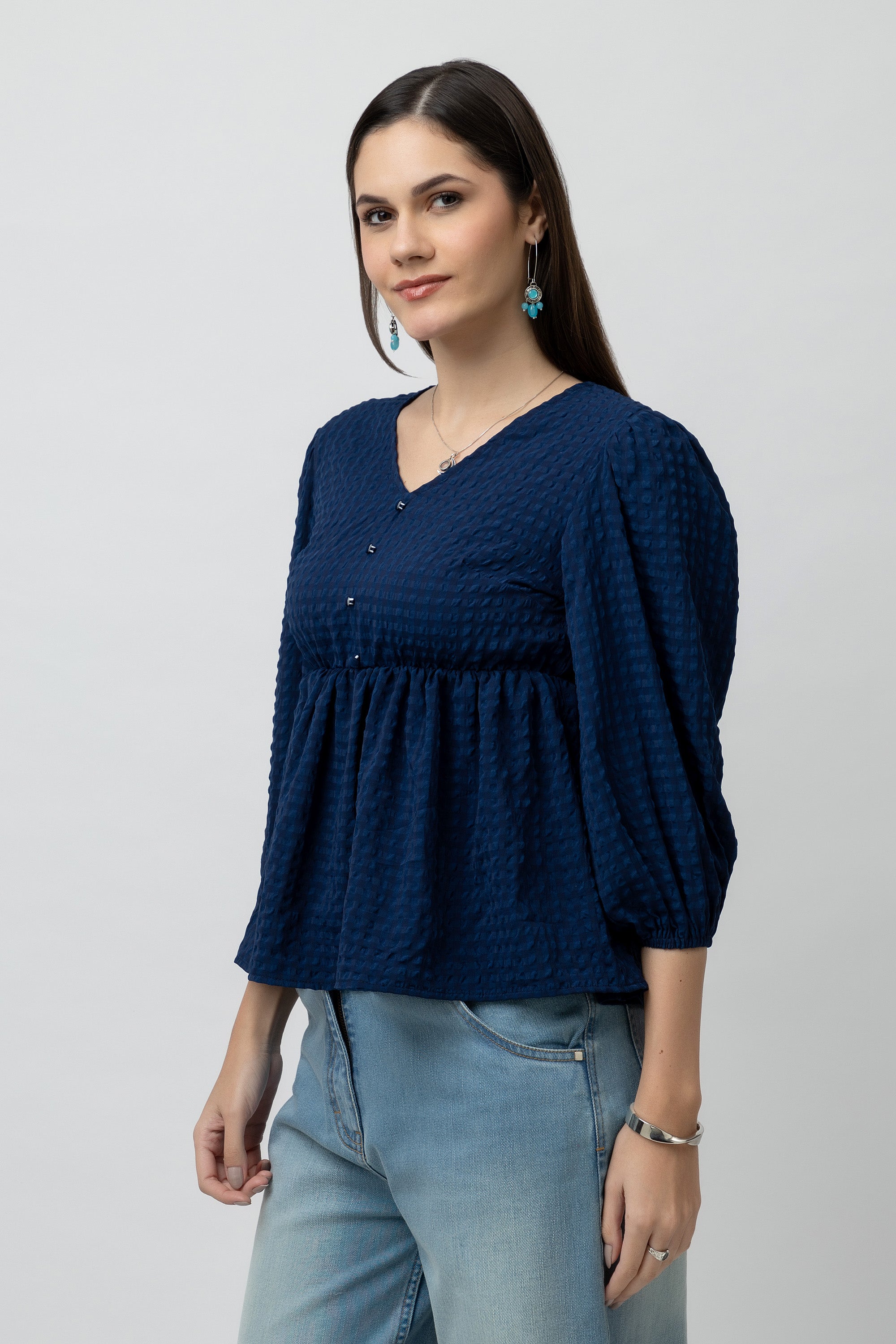 Women's V Neckline Textured Peplum Top