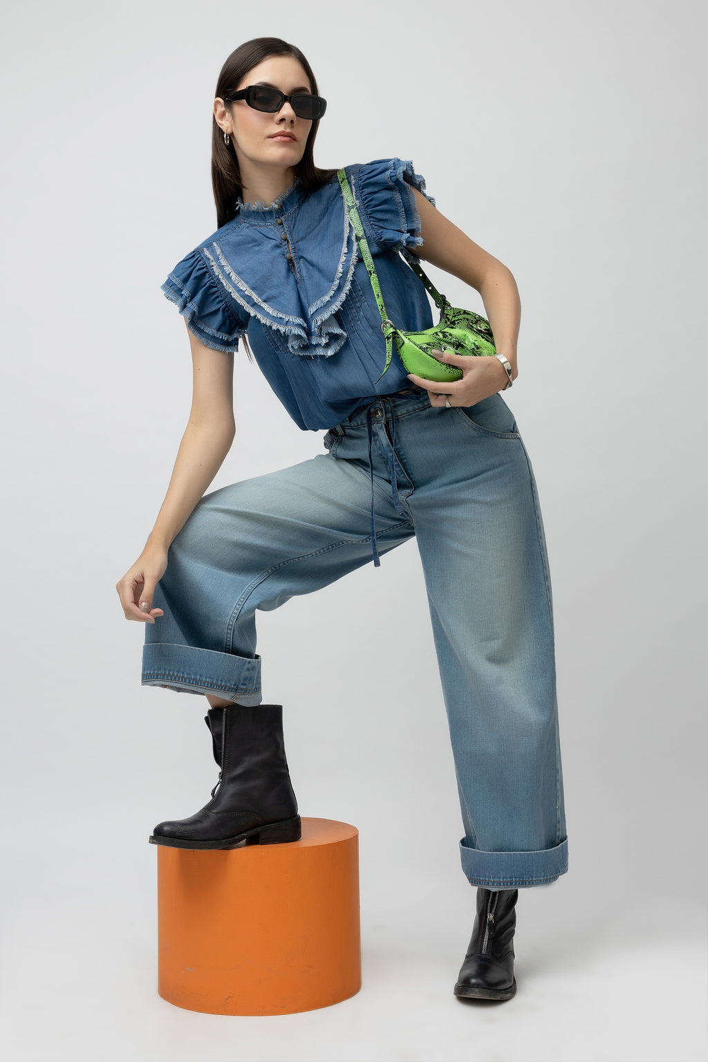 Women's Denim Top - Jabot Collar