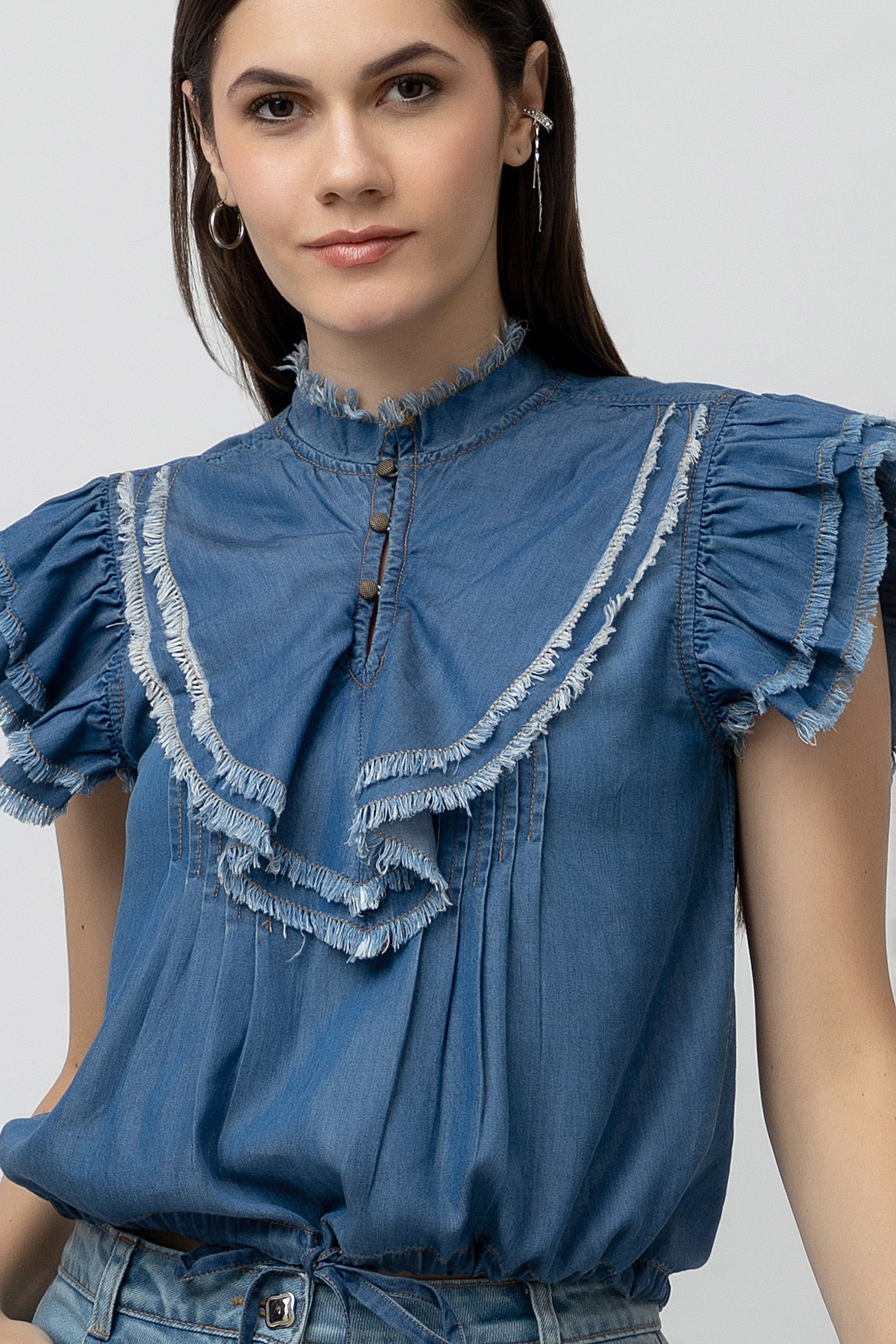 Women's Denim Top - Jabot Collar