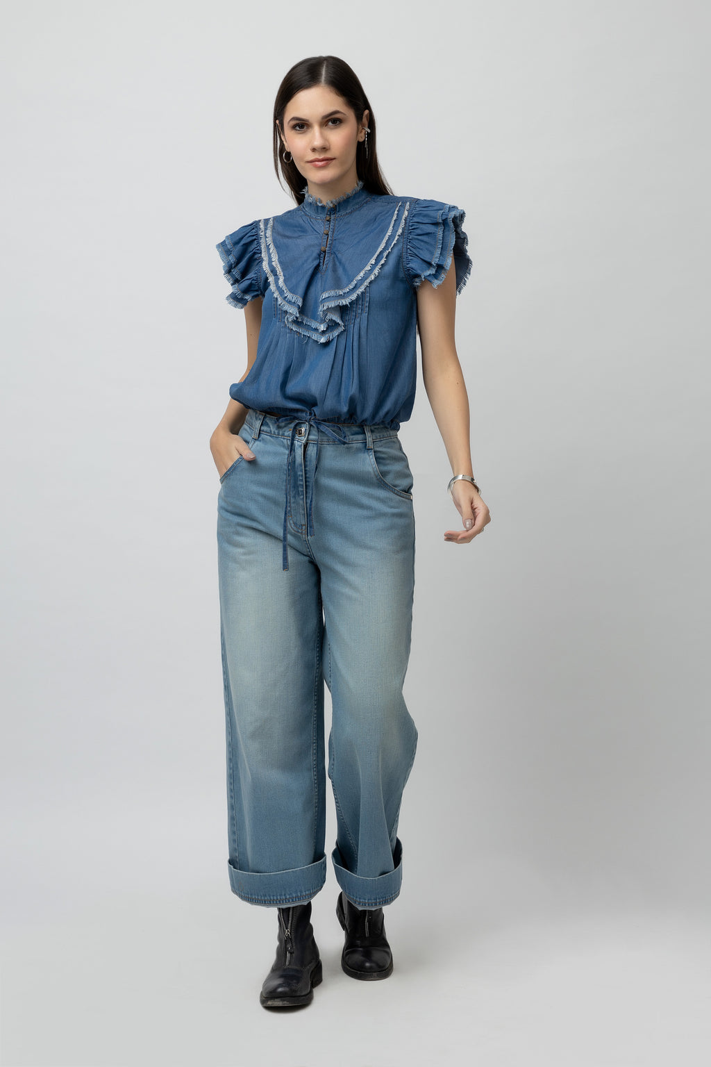 Women's Denim Top - Jabot Collar