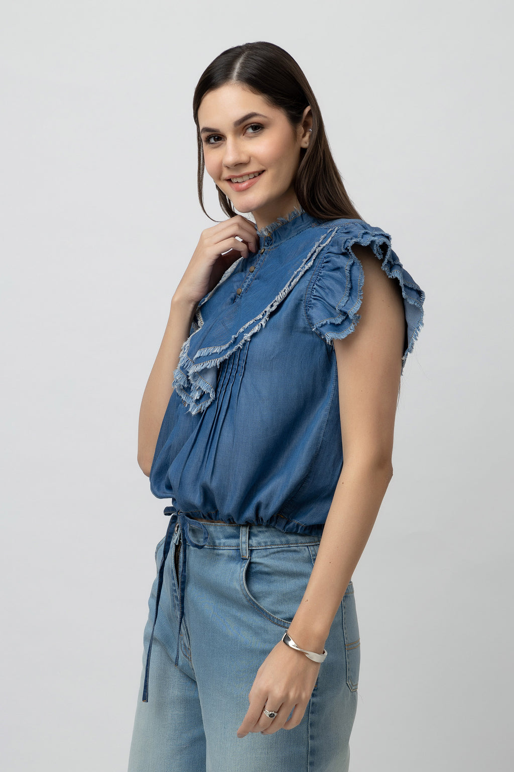 Women's Denim Top - Jabot Collar