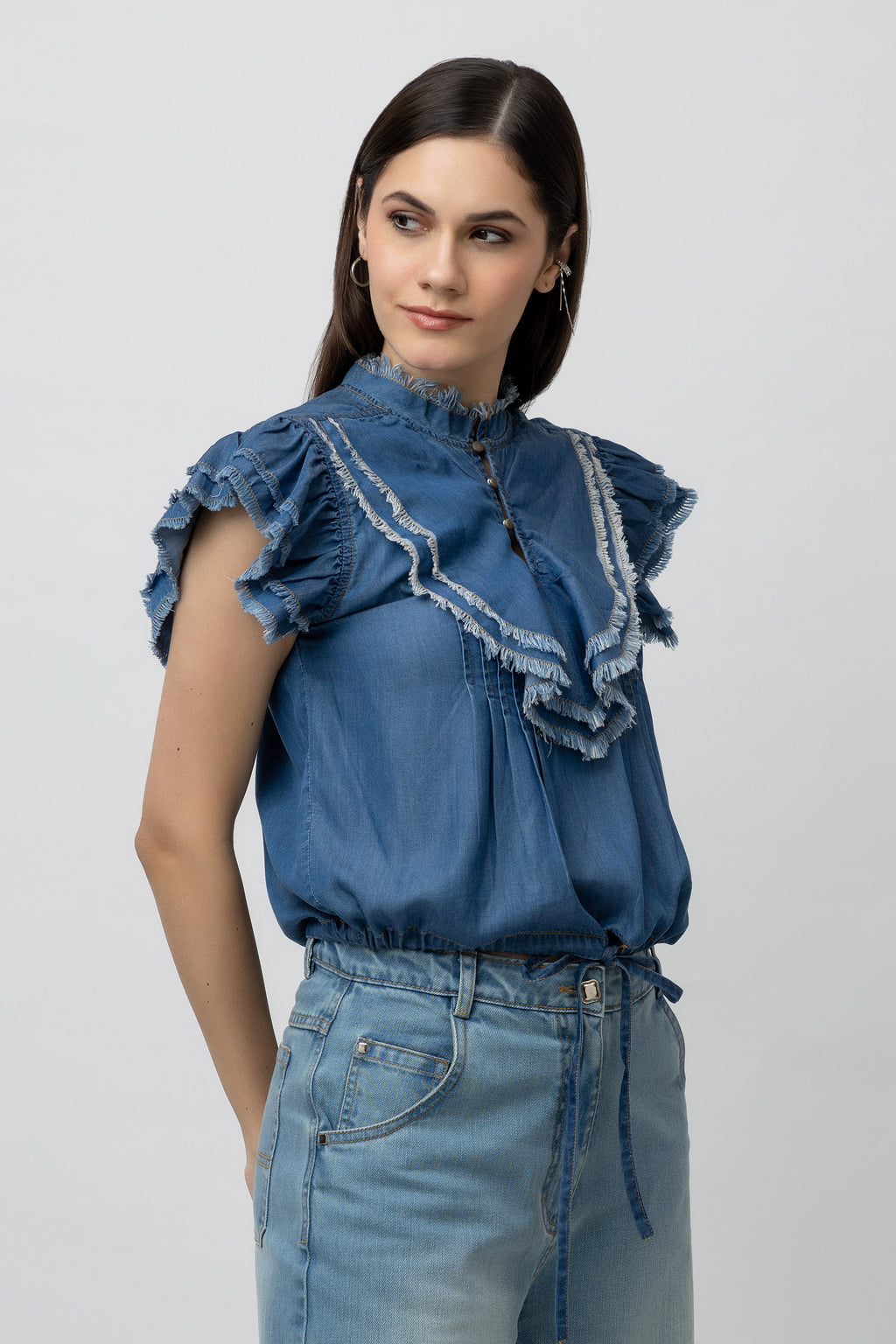 Women's Denim Top - Jabot Collar