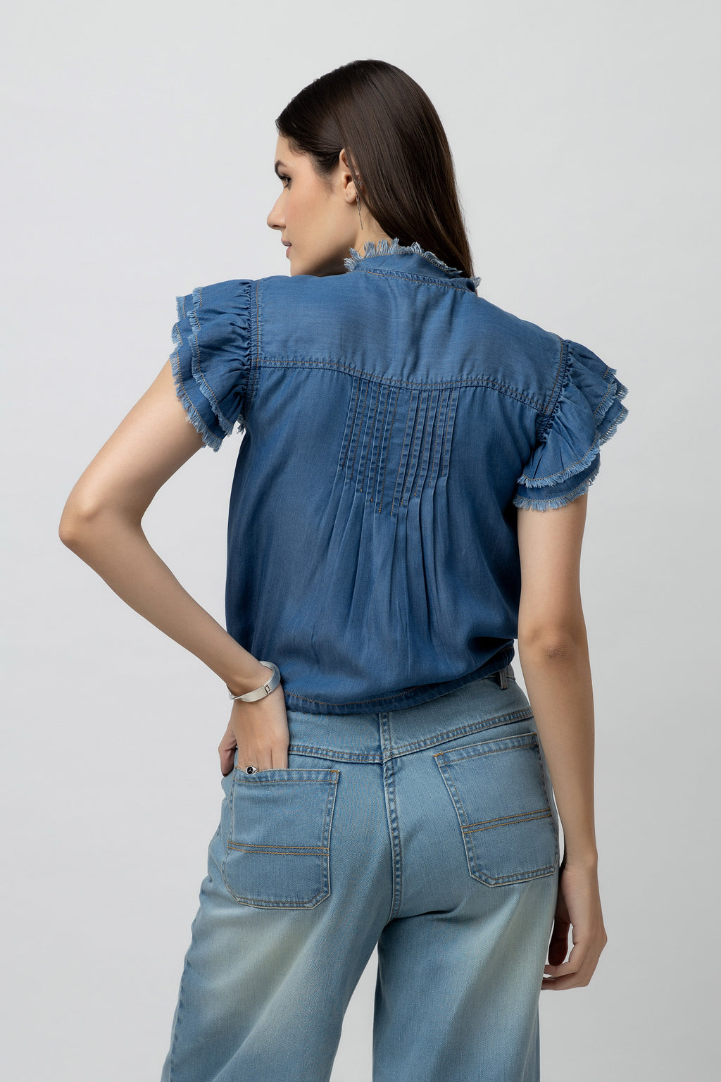 Women's Denim Top - Jabot Collar