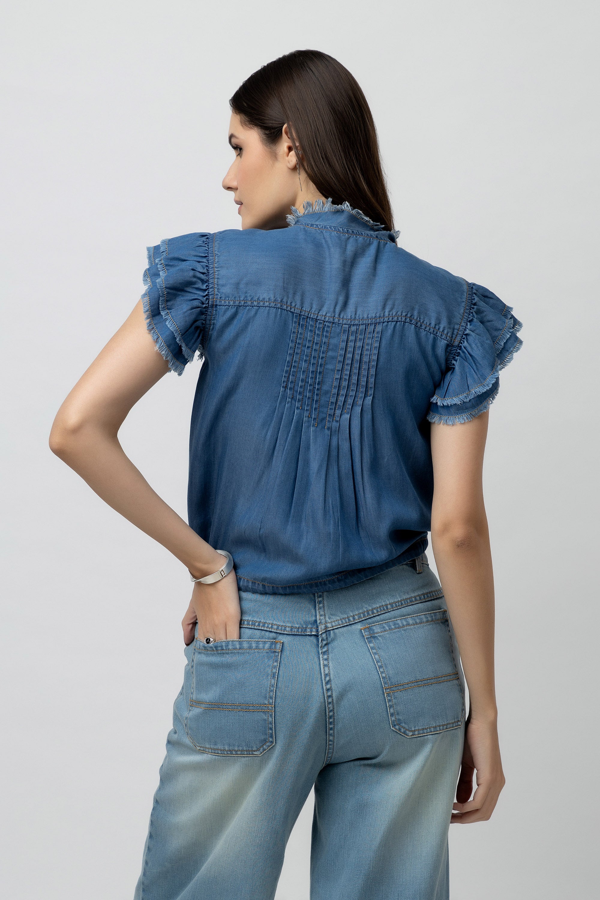 Women's Denim Top - Jabot Collar