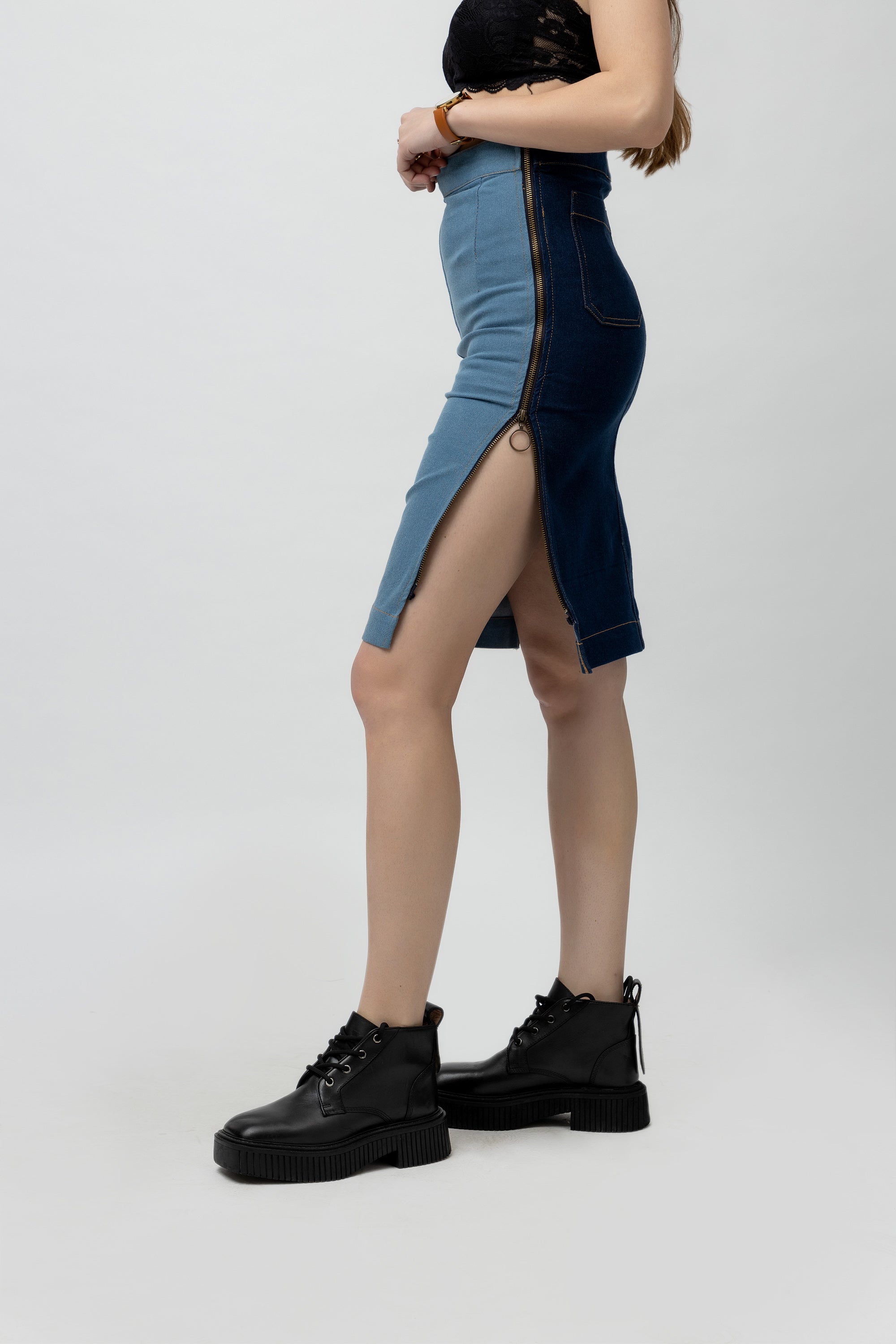 Women's Dual-Color Stretchable Denim Pencil Skirt