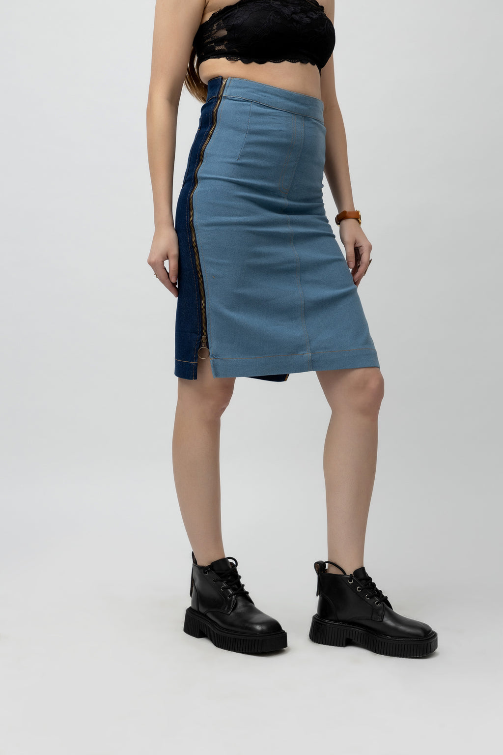 Women's Dual-Color Stretchable Denim Pencil Skirt