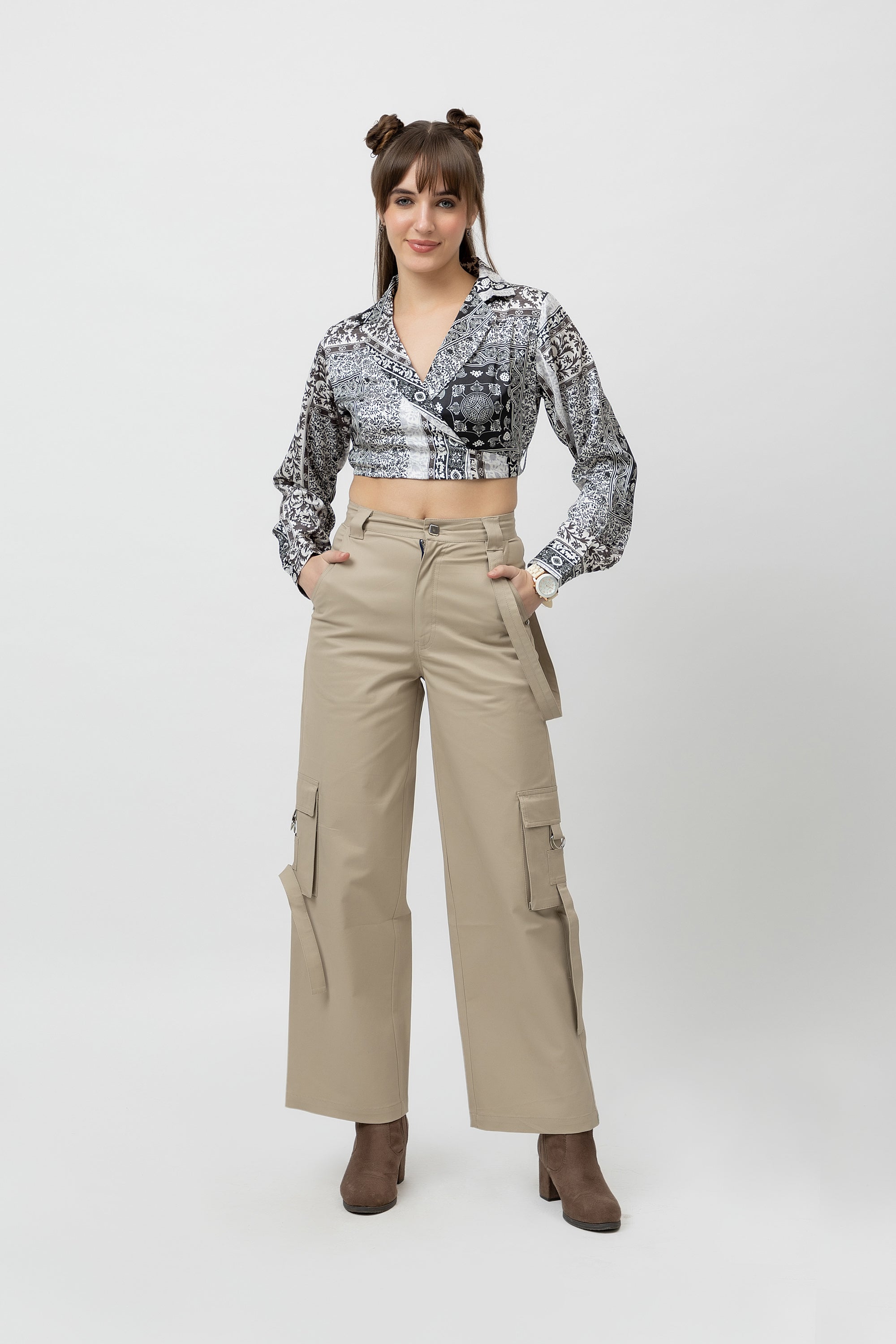 Women's Printed Wrap Satin Top - Full Sleeves