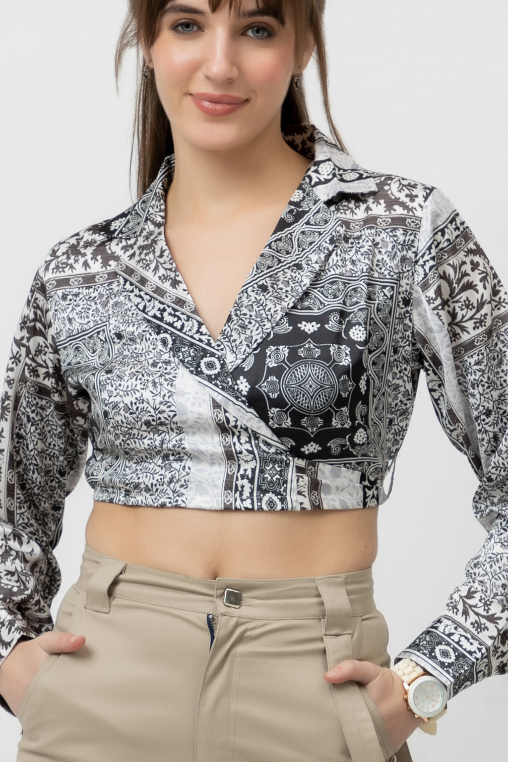 Women's Printed Wrap Satin Top - Full Sleeves