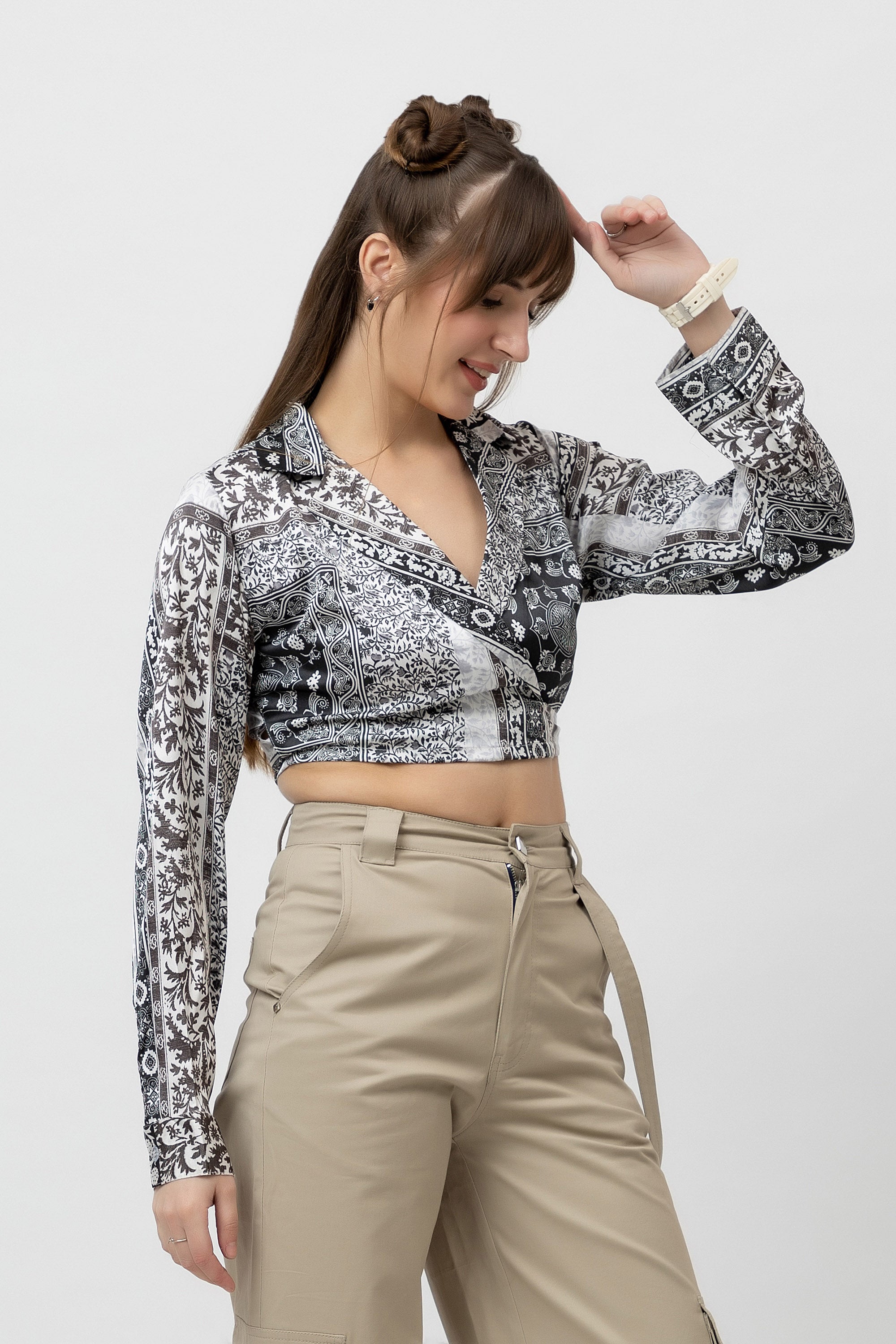 Women's Printed Wrap Satin Top - Full Sleeves