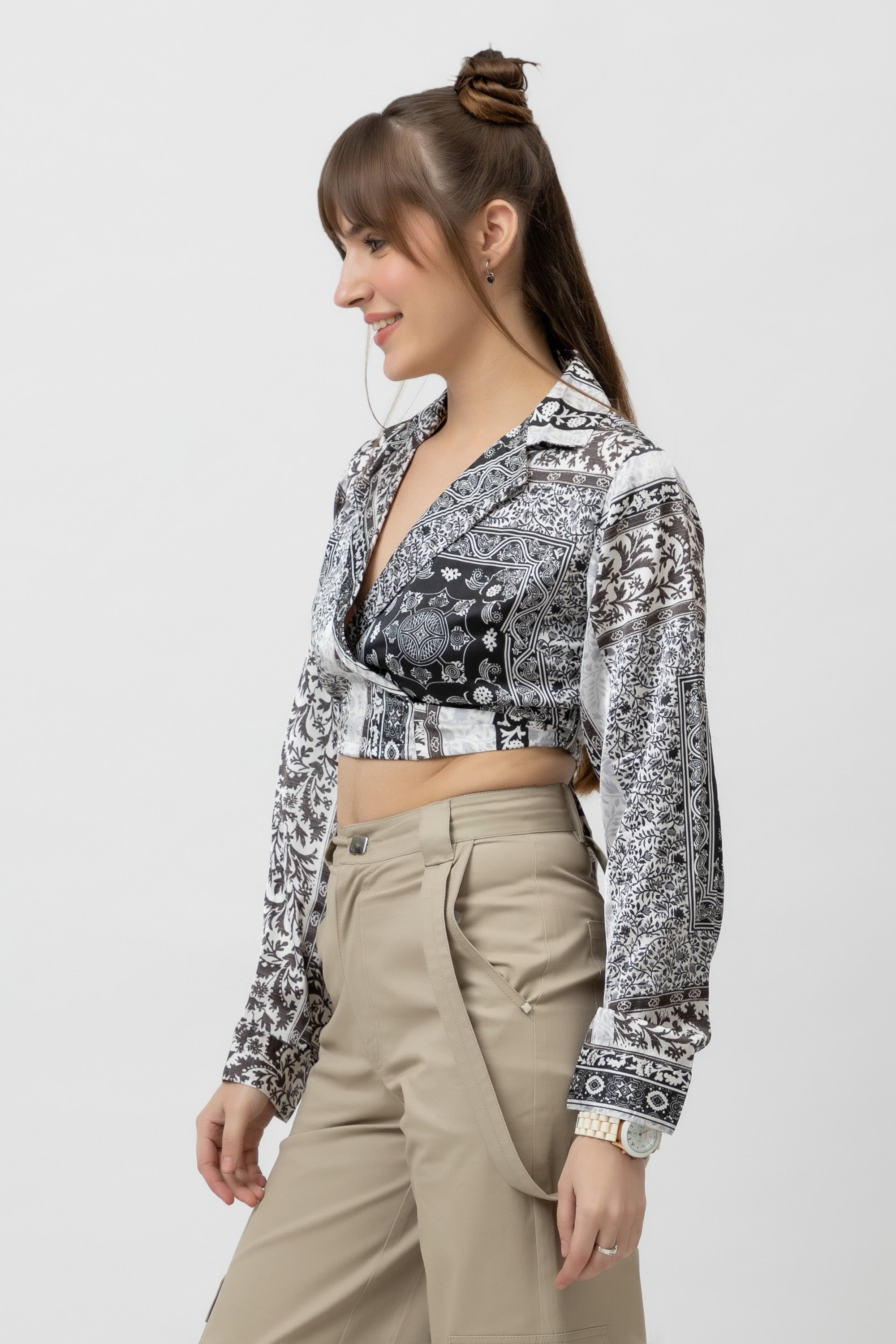 Women's Printed Wrap Satin Top - Full Sleeves