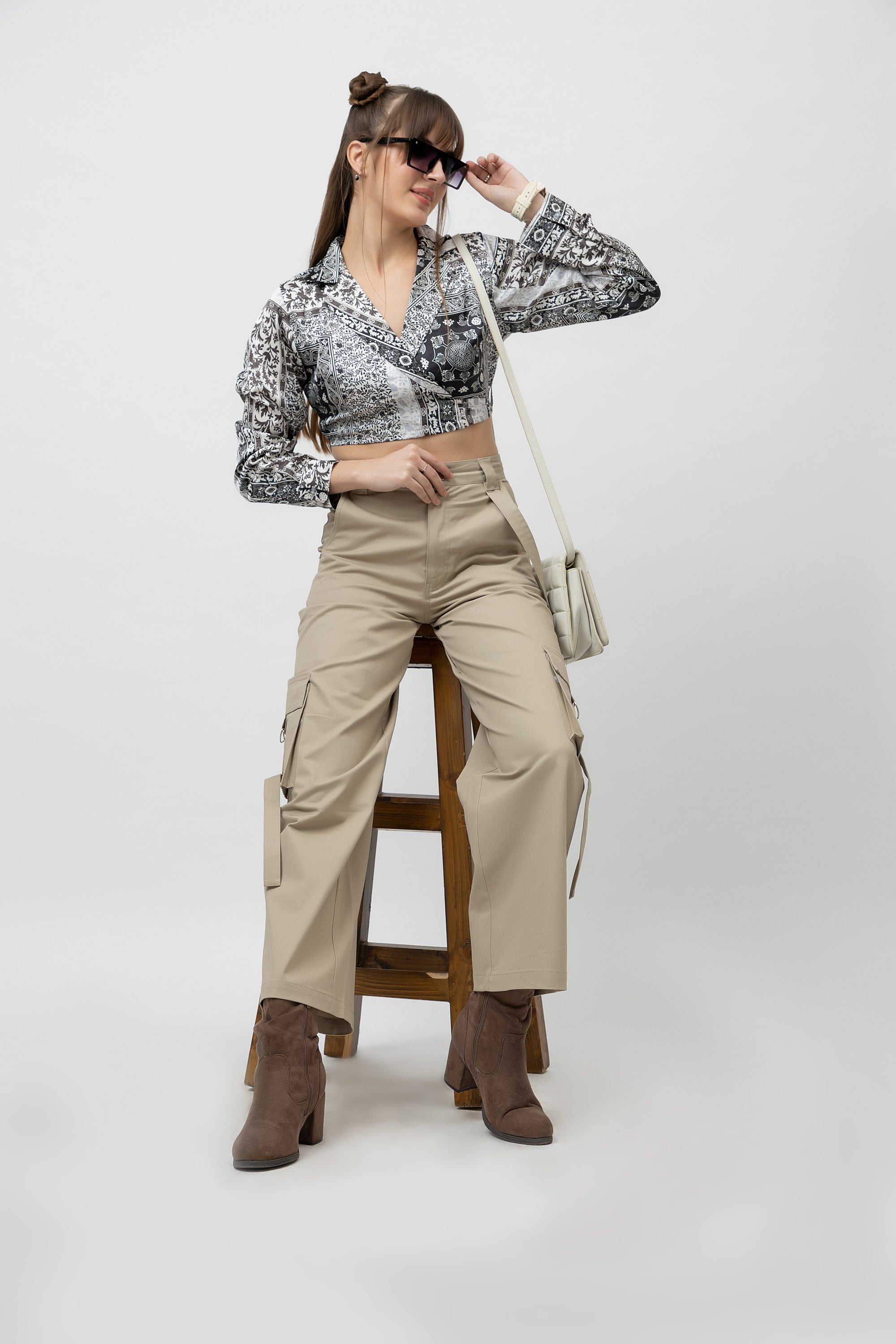 Women's Printed Wrap Satin Top - Full Sleeves